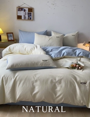 91家纺网 家纺一手货源 找家纺 芊寻家居 2024新款13372全棉纯色四件套无印良品风简约套件 奶白-海青