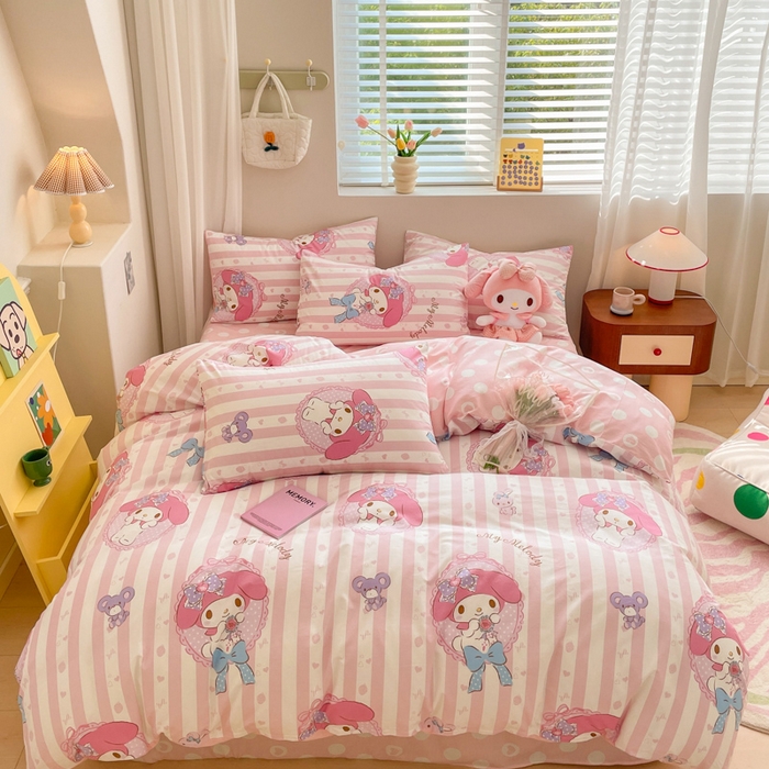 91家纺网 家纺一手货源 找家纺 博雅 2024新款全棉三丽鸥AB版活性印花四件套 甜甜美乐蒂