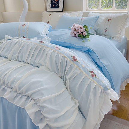 91家纺网 家纺一手货源 找家纺 花香四季家纺 2024新款水洗真丝刺绣花边公主风四件套--繁花系列 繁花-蓝色