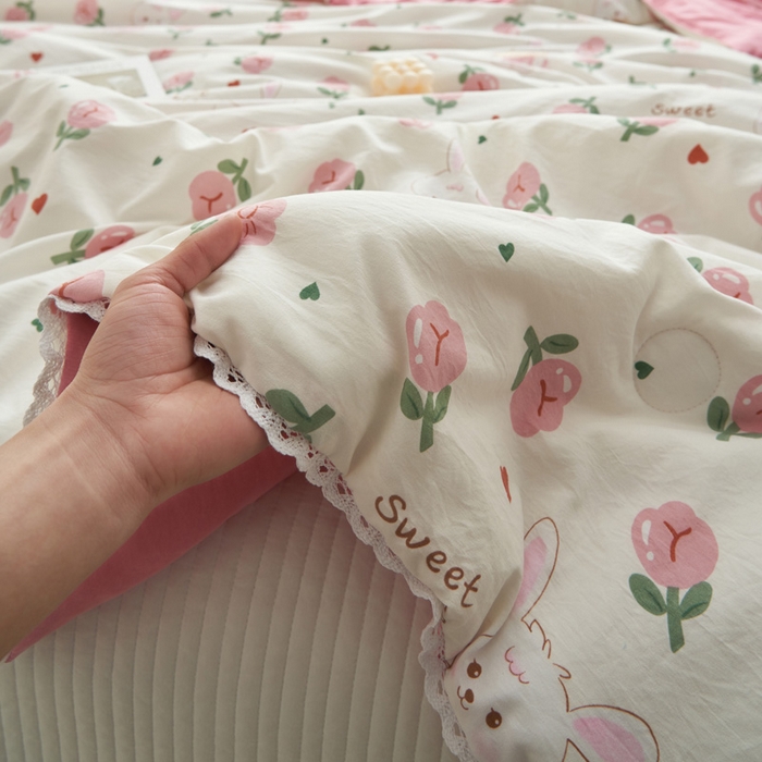 91家纺网 家纺一手货源 找家纺 畅销被业 2025新款水洗棉印花夏被夏凉被空调被 玫瑰小兔