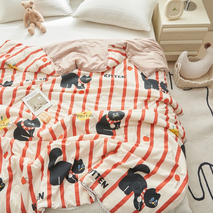 91家纺网 家纺一手货源 找家纺 畅销被业 2025新款水洗棉印花夏被夏凉被空调被 煤球小猫