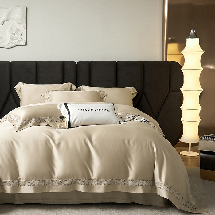 91家纺网 家纺一手货源 找家纺 榻尚家居 2024新款天丝棉法式镂空工艺款四件套--云绡（会员减20） 金芥色