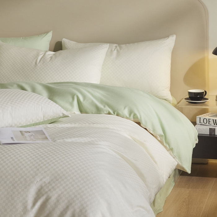 91家纺网 家纺一手货源 找家纺 涵宸家纺 2024新款全棉提花四件套-菲比 菲比-白绿