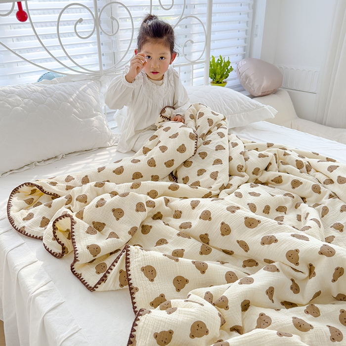91家纺网 家纺一手货源 找家纺 芯恋 2025新款母婴级全棉皱皱纱儿童被双层纱夏被 可爱熊