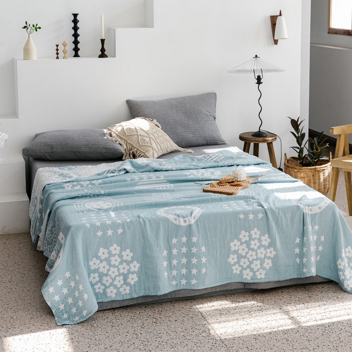 91家纺网 家纺一手货源 找家纺 朴尔家纺-毛巾被 2024新款加厚三层水洗棉全棉纱布毛巾被 星星点点-兰