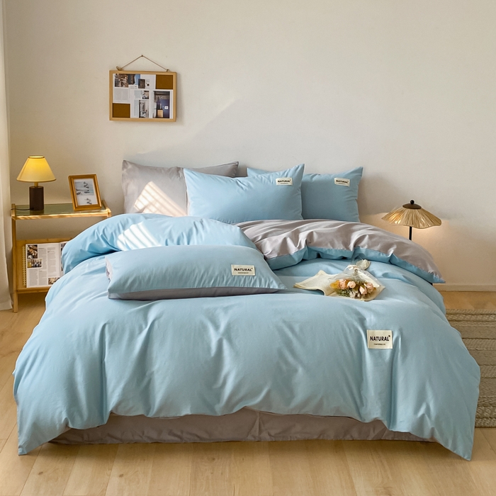 91家纺网 家纺一手货源 找家纺 芊寻家居 2024新款13372全棉纯色四件套无印良品风简约套件 海青-浅灰