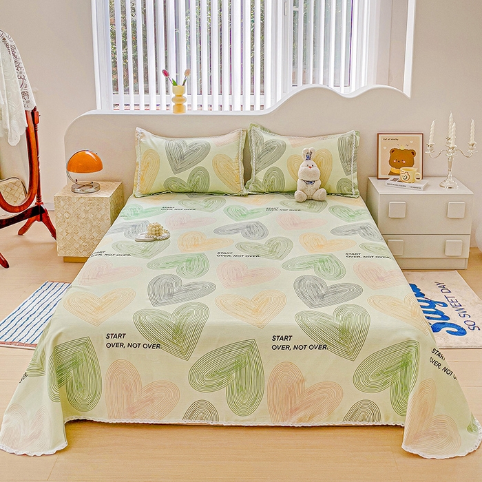 91家纺网 家纺一手货源 找家纺 梵克保罗 2024新款鱼骨棉老粗布凉席花边款床单三件套 心动-绿