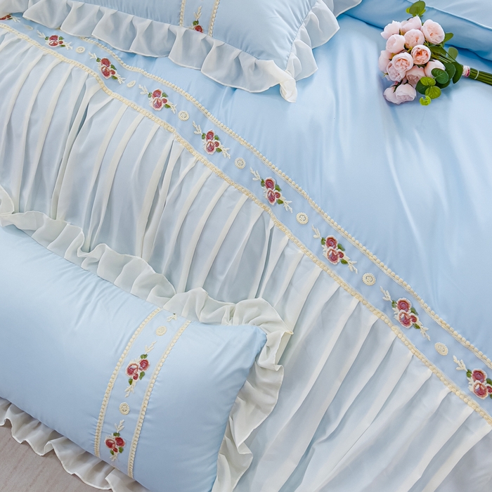 91家纺网 家纺一手货源 找家纺 花香四季家纺 2024新款水洗真丝刺绣花边公主风四件套--繁花系列 繁花-蓝色