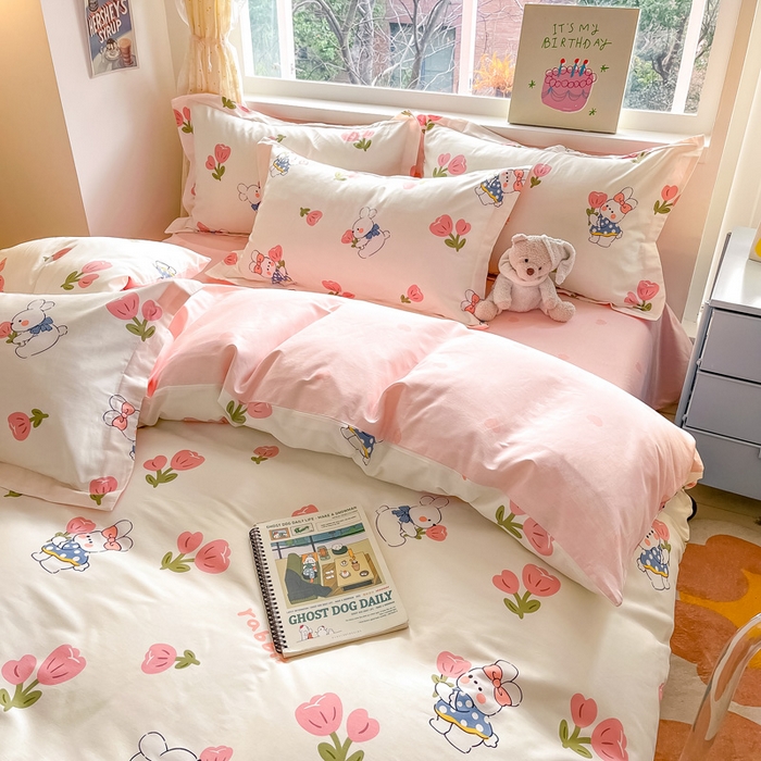 91家纺网 家纺一手货源 找家纺 涵宸家纺 2024新款全棉小清新印花单品套件--单被套 花丛兔