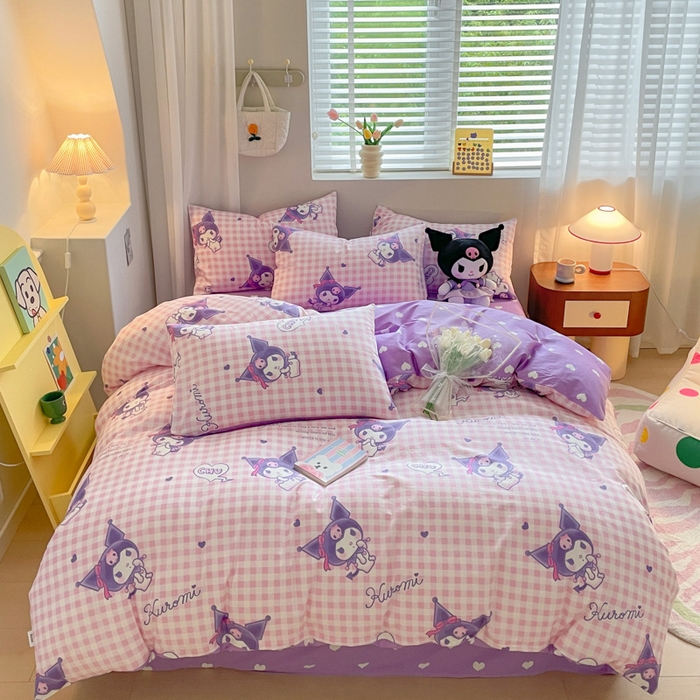 91家纺网 家纺一手货源 找家纺 博雅 2024新款全棉三丽鸥AB版活性印花四件套 库洛米之心