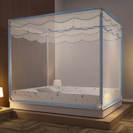 91家纺网 家纺一手货源 找家纺 飞轮海 2023新款床笠款中开门坐床蚊帐 Z36-白蓝