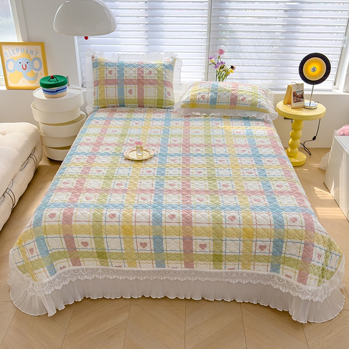 91家纺网 家纺一手货源 找家纺 冬然 2023新款全棉床盖纯棉床盖夹棉床单全棉床单纯棉床单爱心格-粉