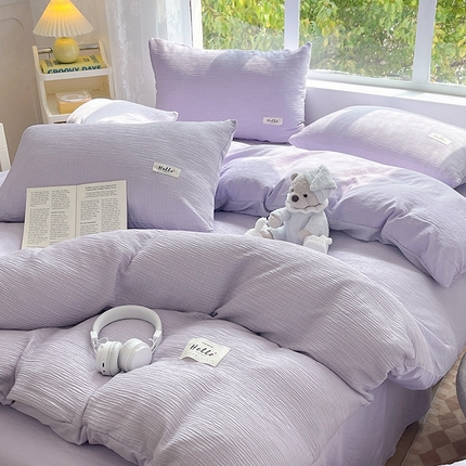 91家纺网 家纺一手货源 找家纺 优选良品 2025新款韩版轻奢皱皱纱水洗棉拼色床单床笠四件套三件套-芋泥紫