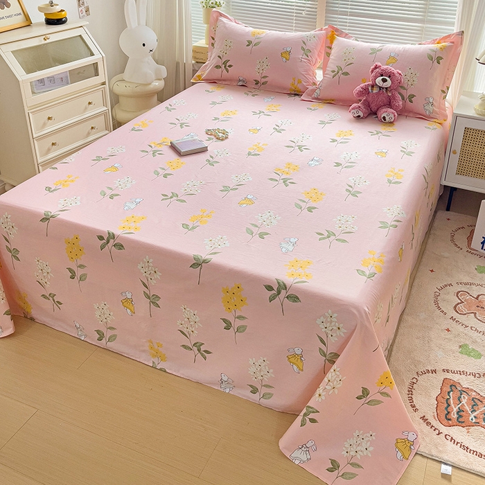 91家纺网 家纺一手货源 找家纺 大柏树 2025新款全棉13376印花四件套系列（可定制）-单床单 小花兔-粉