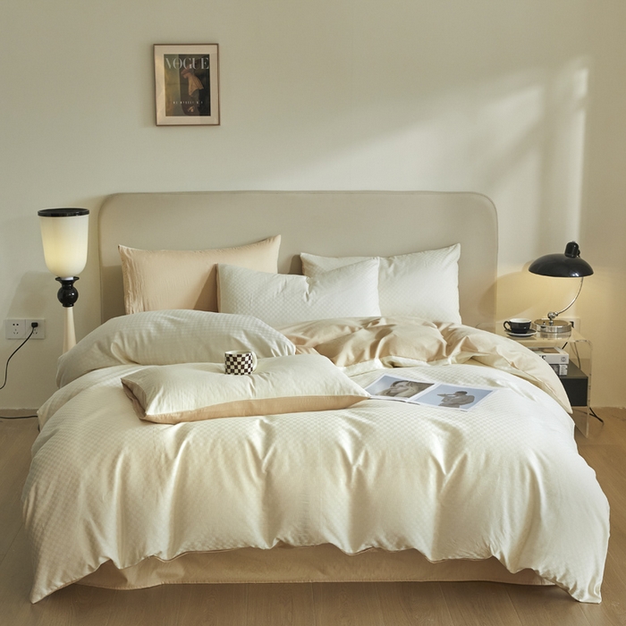 91家纺网 家纺一手货源 找家纺 涵宸家纺 2024新款全棉提花四件套-菲比 菲比-珍珠杏色