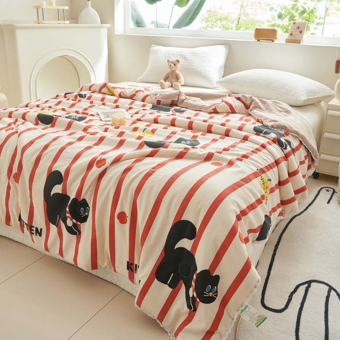 91家纺网 家纺一手货源 找家纺 畅销被业 2025新款水洗棉印花夏被夏凉被空调被 煤球小猫