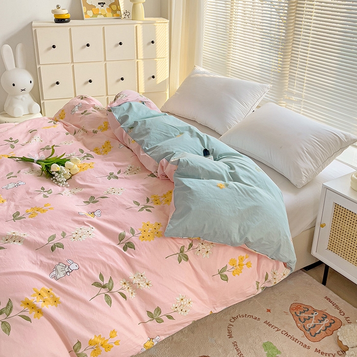 91家纺网 家纺一手货源 找家纺 大柏树 2025新款全棉13376印花四件套系列（可定制）-单被套 小花兔-粉