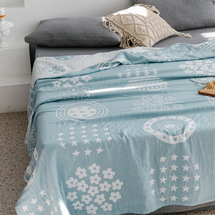 91家纺网 家纺一手货源 找家纺 朴尔家纺-毛巾被 2024新款加厚三层水洗棉全棉纱布毛巾被 星星点点-兰