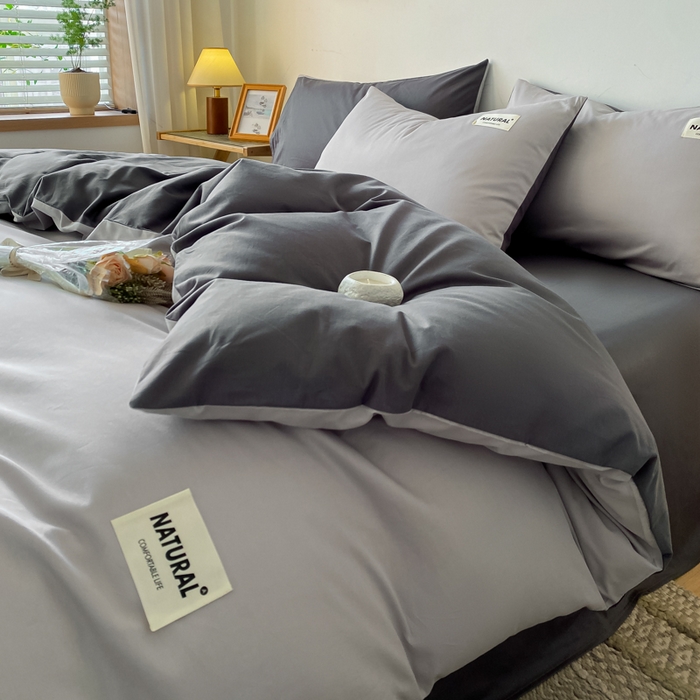 91家纺网 家纺一手货源 找家纺 芊寻家居 2024新款13372全棉纯色四件套无印良品风简约套件 浅灰-深灰