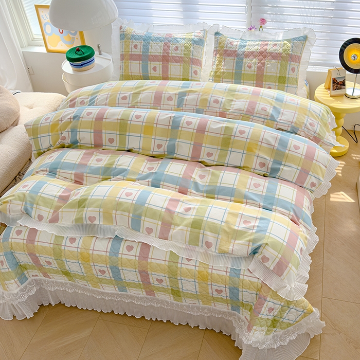 91家纺网 家纺一手货源 找家纺 冬然 2023新款全棉床盖纯棉床盖夹棉床单全棉床单纯棉床单爱心格-粉