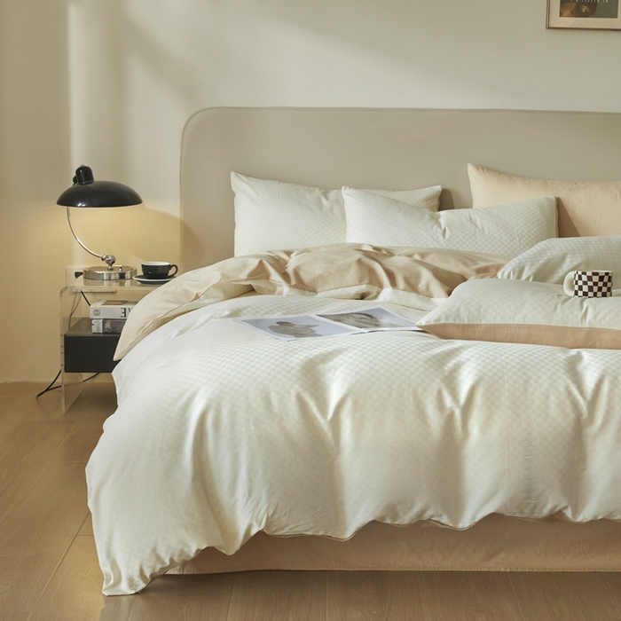 91家纺网 家纺一手货源 找家纺 涵宸家纺 2024新款全棉提花四件套-菲比 菲比-珍珠杏色