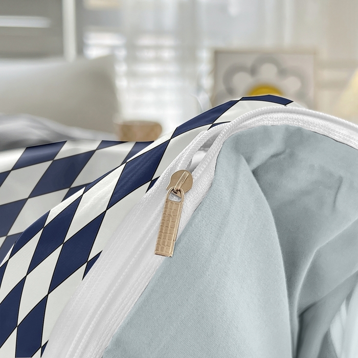 91家纺网 家纺一手货源 找家纺 啊雅家居 床上用品水洗棉印花五件套七件套 日系凌格蓝