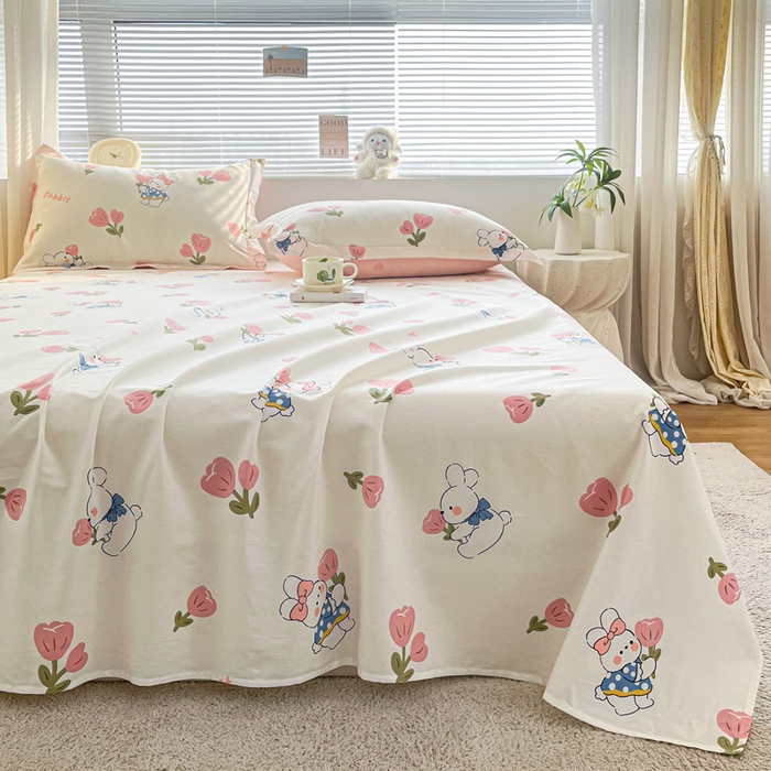 91家纺网 家纺一手货源 找家纺 涵宸家纺 2024新款全棉小清新印花单品套件--单床单 床单-花丛兔