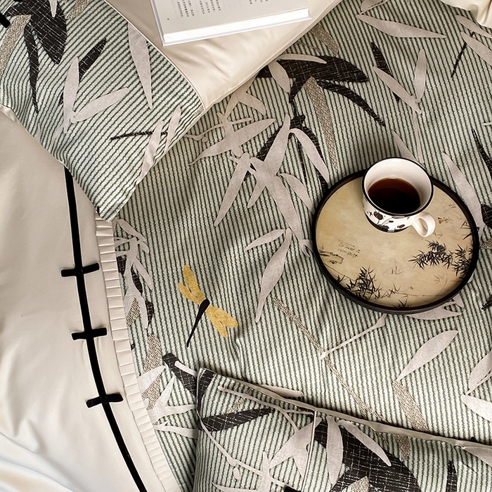 91家纺网 家纺一手货源 找家纺 赫帛 2024新款50s缎纹数码印花长绒棉四件套--竹韵系列 竹韵-绿色