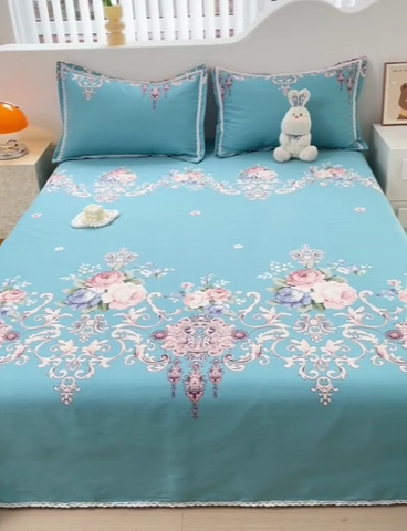 91家纺网 家纺一手货源 找家纺 梵克保罗 2024新款鱼骨棉老粗布凉席花边款床单三件套 欧式风情-蓝