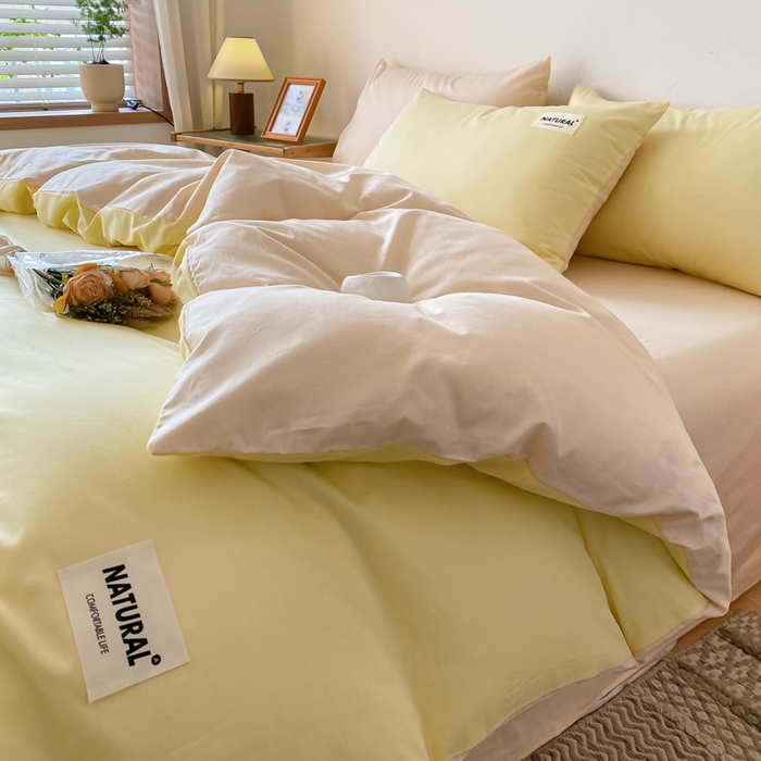 91家纺网 家纺一手货源 找家纺 芊寻家居 2024新款13372全棉纯色四件套无印良品风简约套件 初黄-奶茶