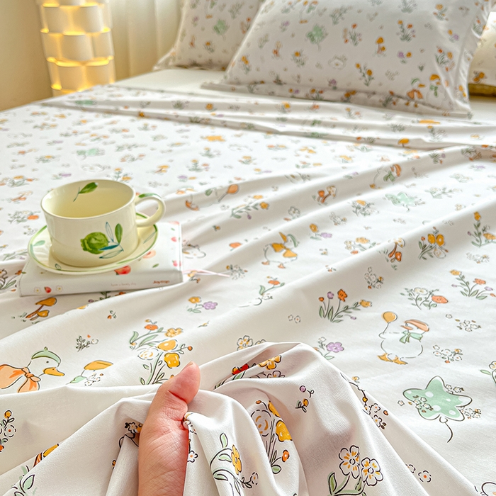 91家纺网 家纺一手货源 找家纺 涵宸家纺 2024新款全棉小清新印花单品套件--单床单 床单-开心鸭