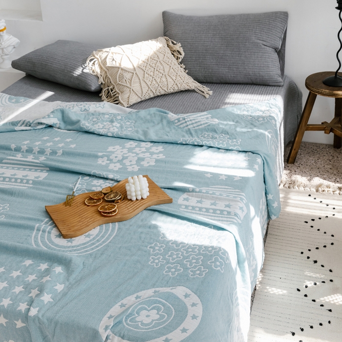 91家纺网 家纺一手货源 找家纺 朴尔家纺-毛巾被 2024新款加厚三层水洗棉全棉纱布毛巾被 星星点点-兰