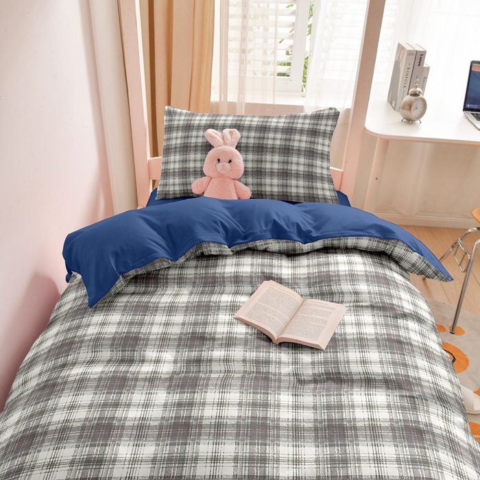 91家纺网 家纺一手货源 找家纺 啊雅家居 床上用品水洗棉印花五件套七件套 日系条格灰