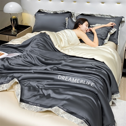 眷恋家纺 2024新款水洗真丝冰丝宽边刺绣夏被三件套四件套-克里斯汀系列 克里斯汀-高级灰+奶茶