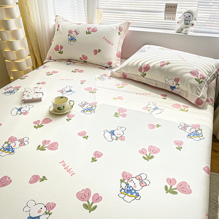 91家纺网 家纺一手货源 找家纺 涵宸家纺 2024新款全棉小清新印花单品套件--单床笠 床笠-花丛兔