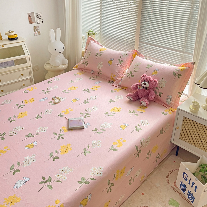 91家纺网 家纺一手货源 找家纺 大柏树 2025新款全棉13376印花四件套系列（可定制）-单床单 小花兔-粉