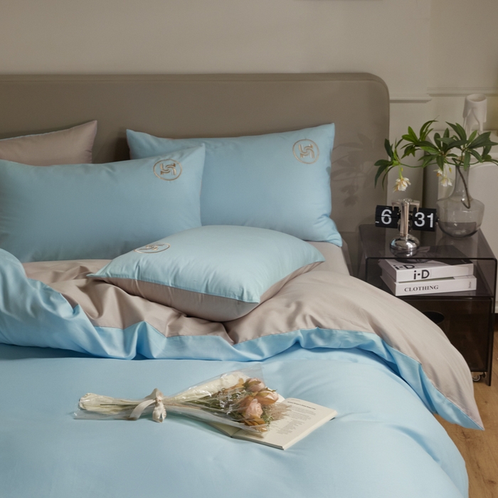 91家纺网 家纺一手货源 找家纺 梵克保罗 2024新款全棉轻奢纯色双拼刺绣四件套 星空灰