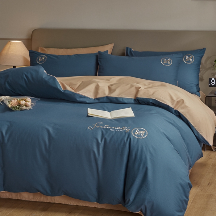 91家纺网 家纺一手货源 找家纺 梵克保罗 2024新款全棉轻奢纯色双拼刺绣四件套 深蓝色