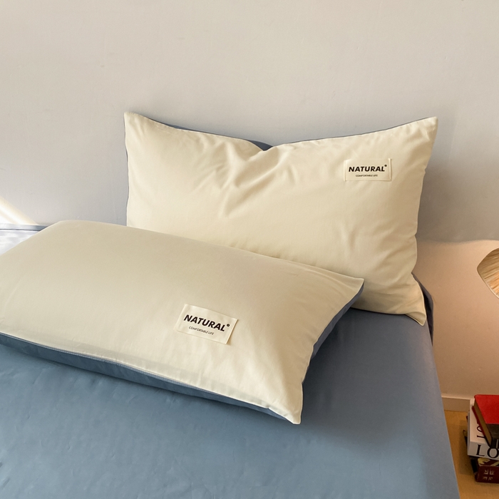 91家纺网 家纺一手货源 找家纺 芊寻家居 2024新款13372全棉纯色四件套无印良品风简约套件 奶白-深蓝