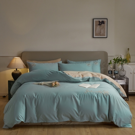 梵克保罗 2024新款全棉轻奢纯色双拼刺绣四件套 繁星蓝