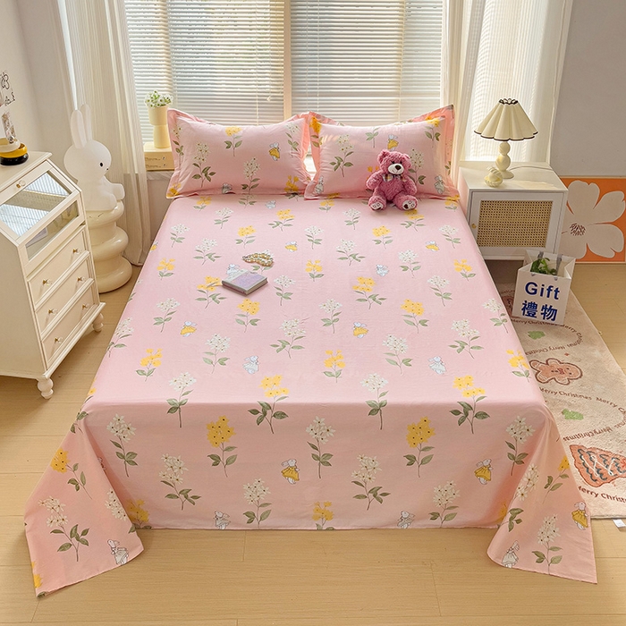 91家纺网 家纺一手货源 找家纺 大柏树 2025新款全棉13376印花四件套系列（可定制）-单床单 小花兔-粉