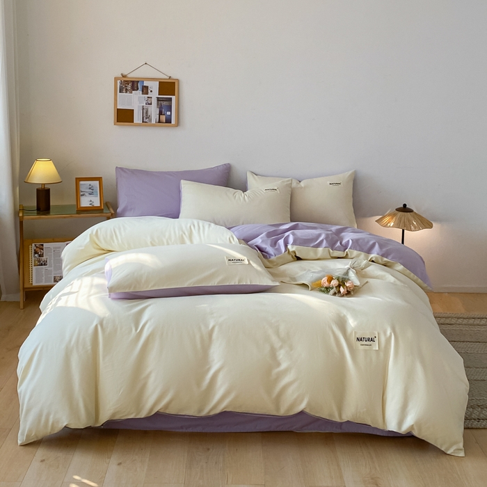 91家纺网 家纺一手货源 找家纺 芊寻家居 2024新款13372全棉纯色四件套无印良品风简约套件 奶白-灰紫