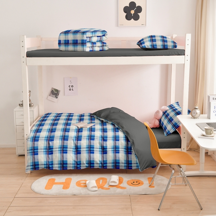 91家纺网 家纺一手货源 找家纺 啊雅家居 床上用品水洗棉印花五件套七件套 日系条格蓝