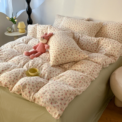 千朵 2024新款全棉双层纱四件套 甜心粉