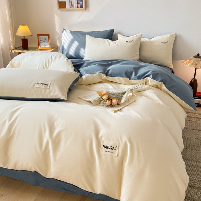 91家纺网 家纺一手货源 找家纺 芊寻家居 2024新款13372全棉纯色四件套无印良品风简约套件 奶白-深蓝
