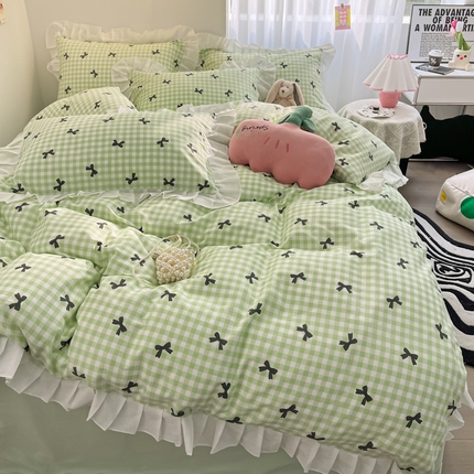 91家纺网 家纺一手货源 找家纺 （总）暮思家居 2024新款A类全棉水洗棉蝴蝶结少女系列花边款纯棉四件套