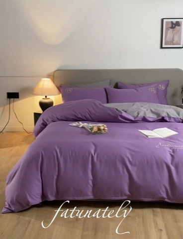 91家纺网 家纺一手货源 找家纺 梵克保罗 2024新款全棉轻奢纯色双拼刺绣四件套 迷情紫