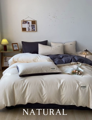 91家纺网 家纺一手货源 找家纺 芊寻家居 2024新款13372全棉纯色四件套无印良品风简约套件 奶茶-深灰