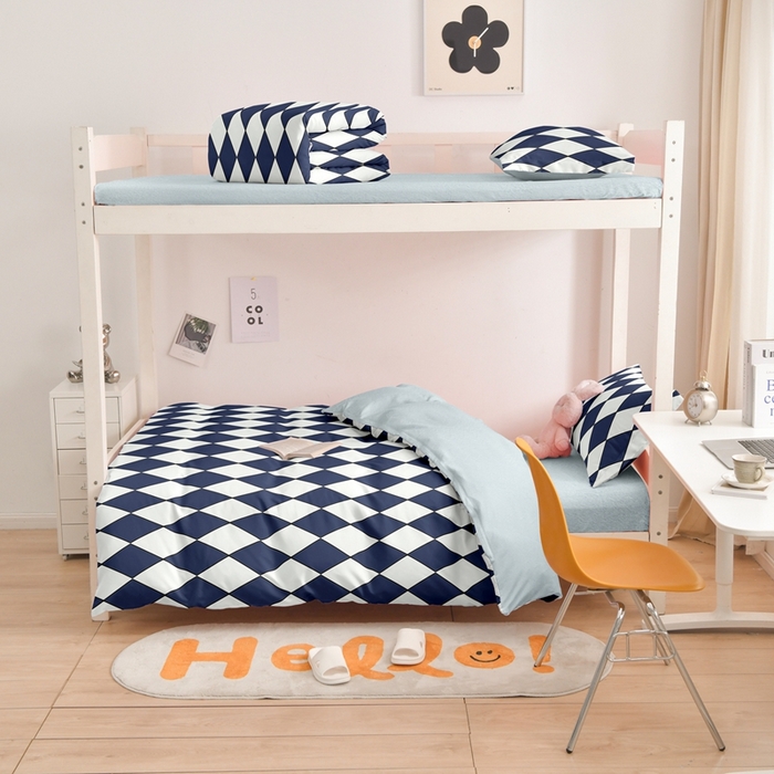 91家纺网 家纺一手货源 找家纺 啊雅家居 床上用品水洗棉印花五件套七件套 日系凌格蓝