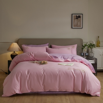 梵克保罗 2024新款全棉轻奢纯色双拼刺绣四件套 粉紫霏